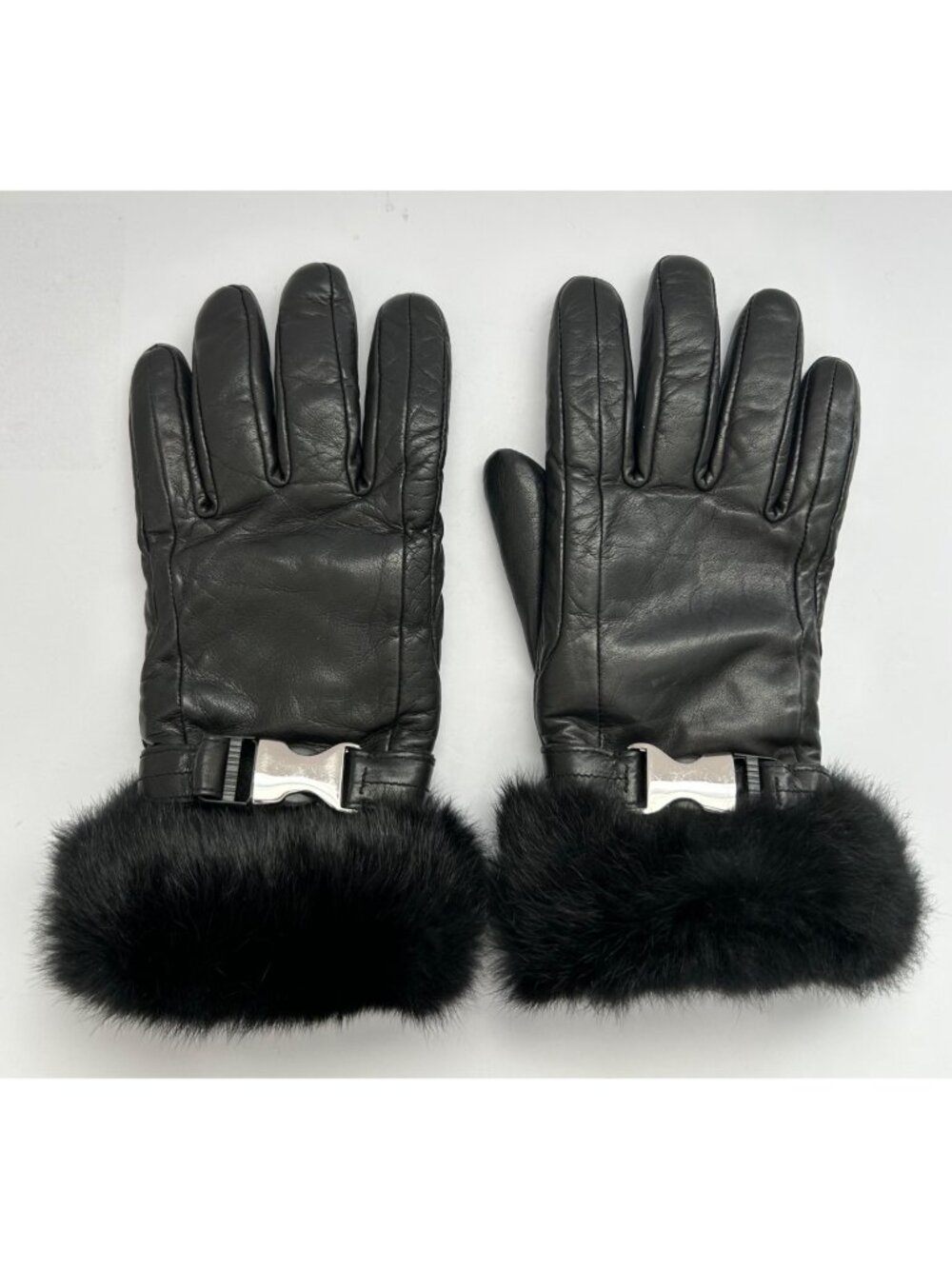 Preston & York Black Leather Gloves Fur Cuff Stylish Fancy Classy Luxurious Sz L
